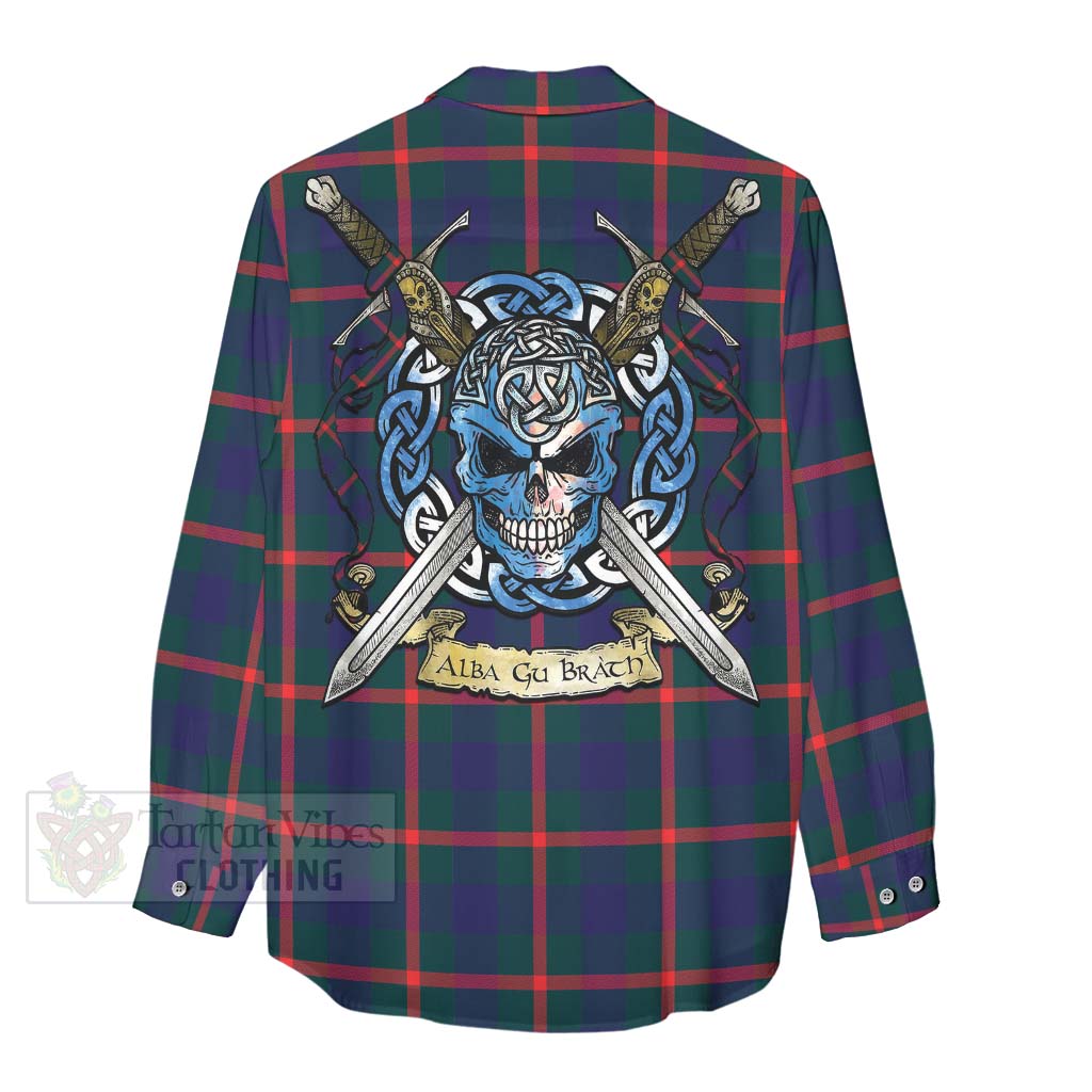 Tartan Vibes Clothing Agnew Tartan Women's Casual Shirt with Family Crest Celtic Skull Style