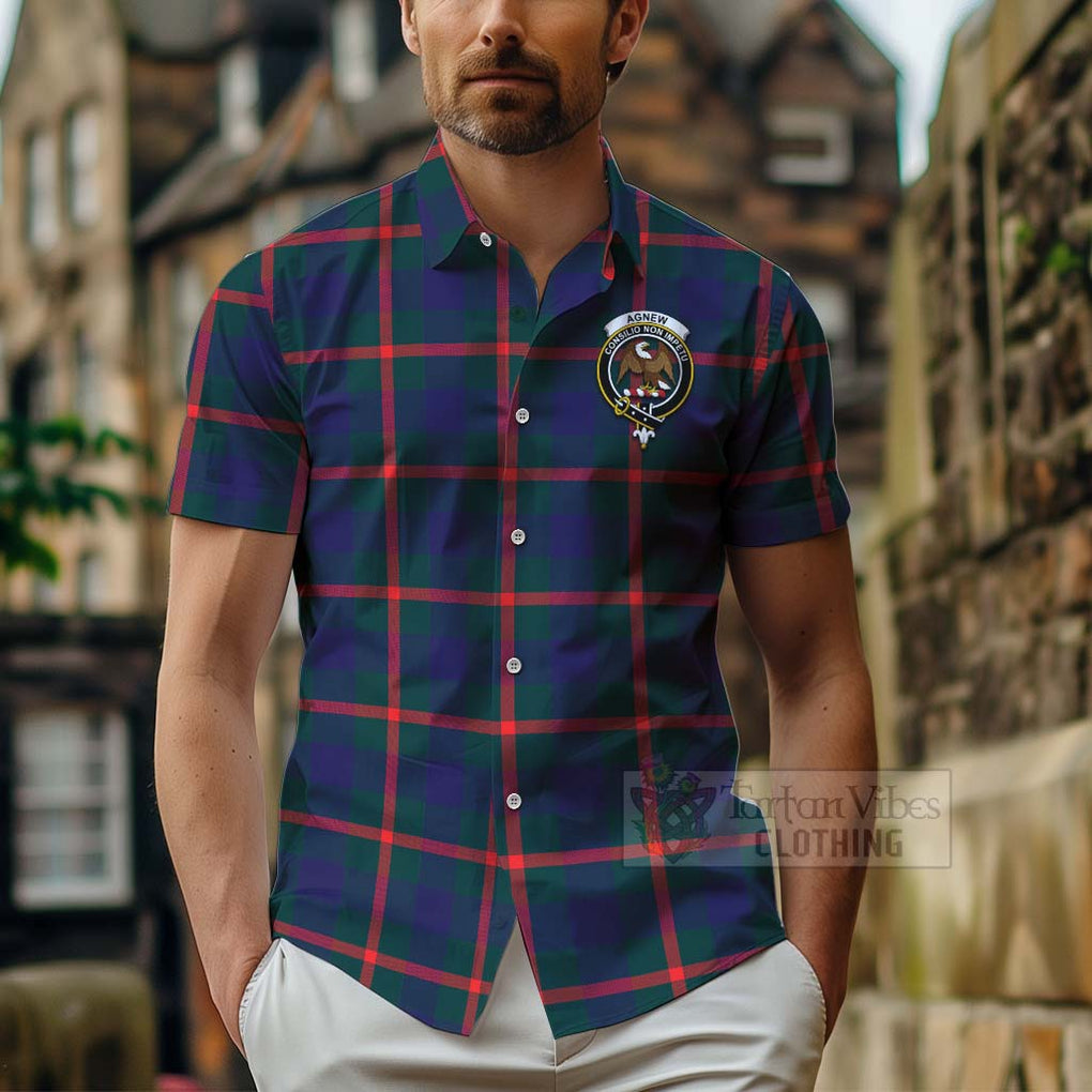 Tartan Vibes Clothing Agnew Tartan Short Sleeve Button Shirt with Family Crest Celtic Skull Style