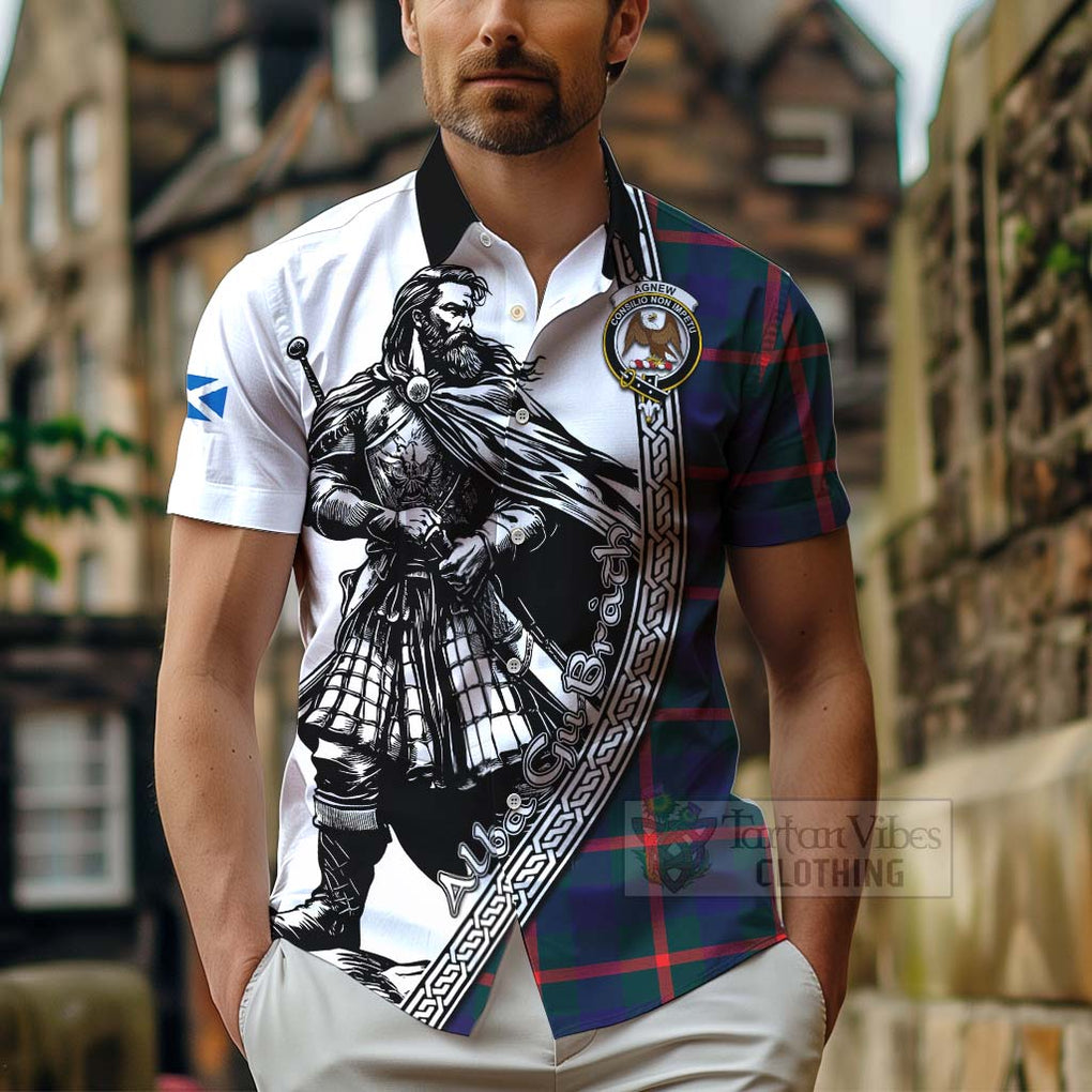 Tartan Vibes Clothing Agnew Tartan Clan Crest Short Sleeve Button Shirt with Highlander Warrior Celtic Style