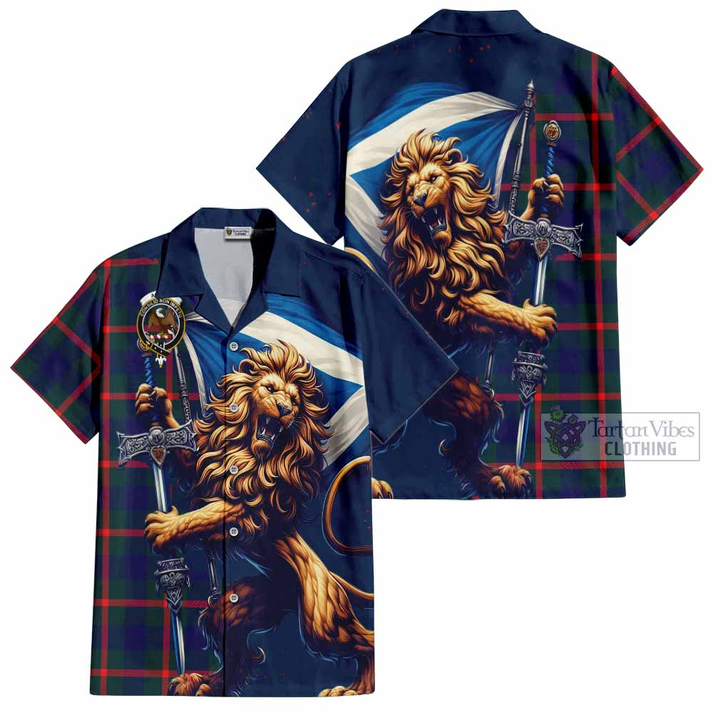 Tartan Vibes Clothing Agnew Tartan Family Crest Short Sleeve Button Shirt with Scottish Majestic Lion