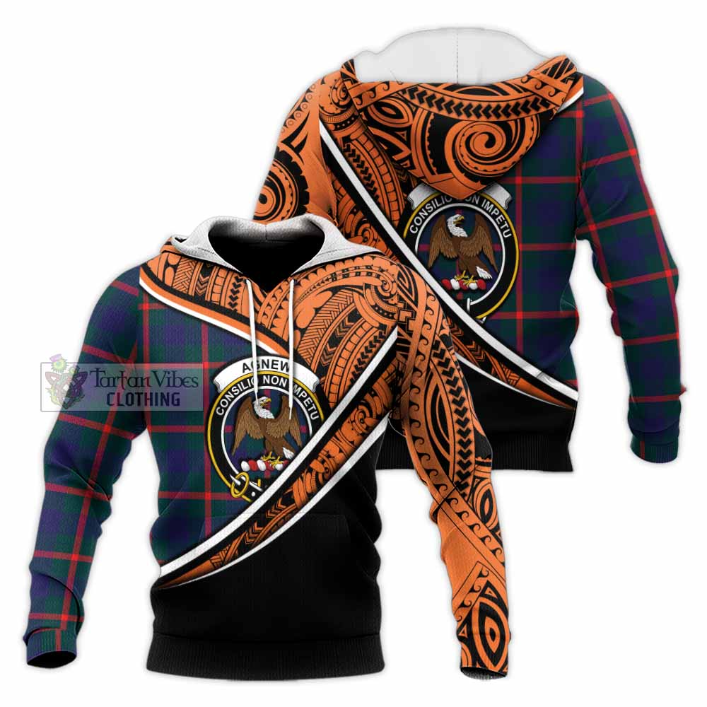 Tartan Vibes Clothing Agnew Crest Tartan Knitted Hoodie with Maori Tattoo Style - Orange Version