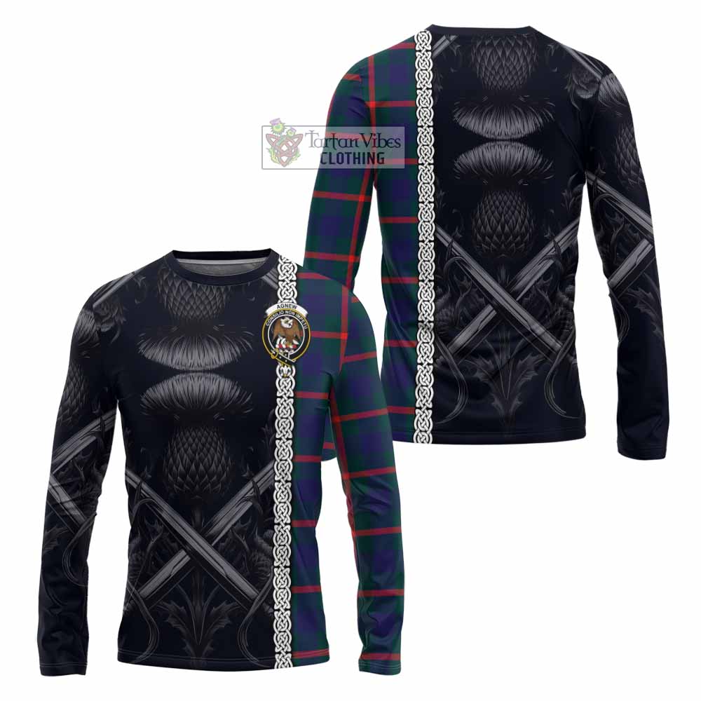 Tartan Vibes Clothing Agnew Tartan Long Sleeve T-Shirt with Family Crest Cross Sword Thistle Celtic Vibes