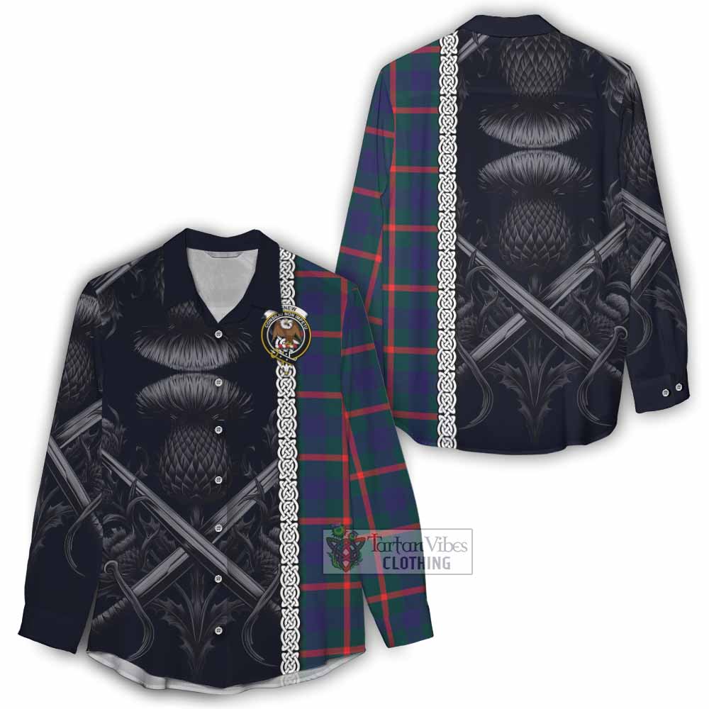 Tartan Vibes Clothing Agnew Tartan Women's Casual Shirt with Family Crest Cross Sword Thistle Celtic Vibes