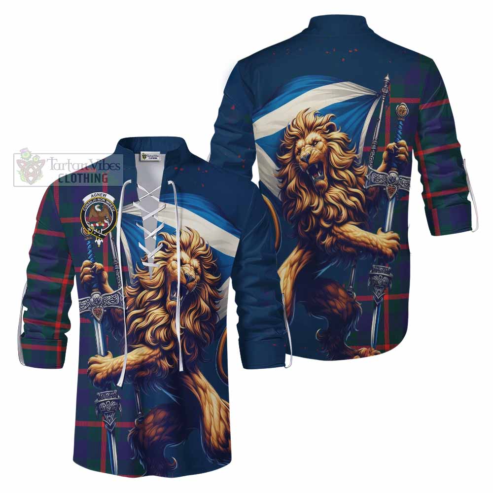 Tartan Vibes Clothing Agnew Tartan Family Crest Ghillie Kilt Shirt with Scottish Majestic Lion