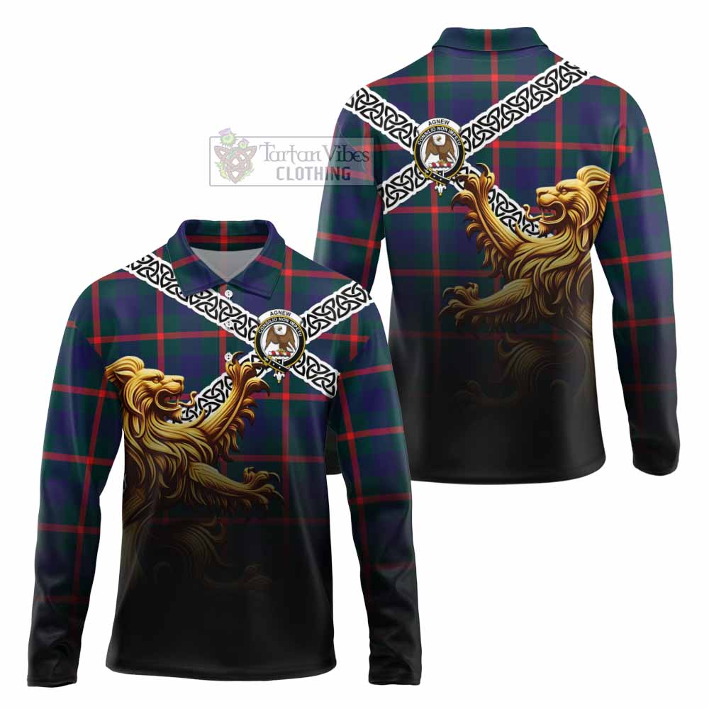 Agnew Crest Tartan Long Sleeve Polo Shirt with Golden Lion Emblem Celtic Style - Tartan Vibes Clothing