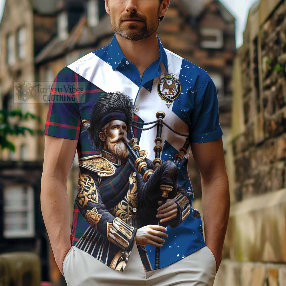 Tartan Vibes Clothing Agnew Tartan Short Sleeve Button Shirt with Family Crest Scottish Bagpiper Vibes