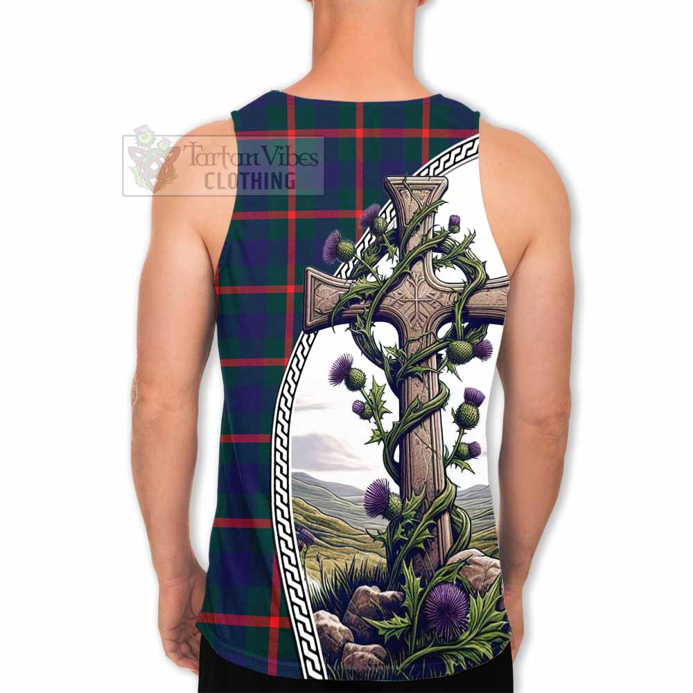 Tartan Vibes Clothing Agnew Tartan Men's Tank Top with Family Crest and St. Andrew's Cross Accented by Thistle Vines