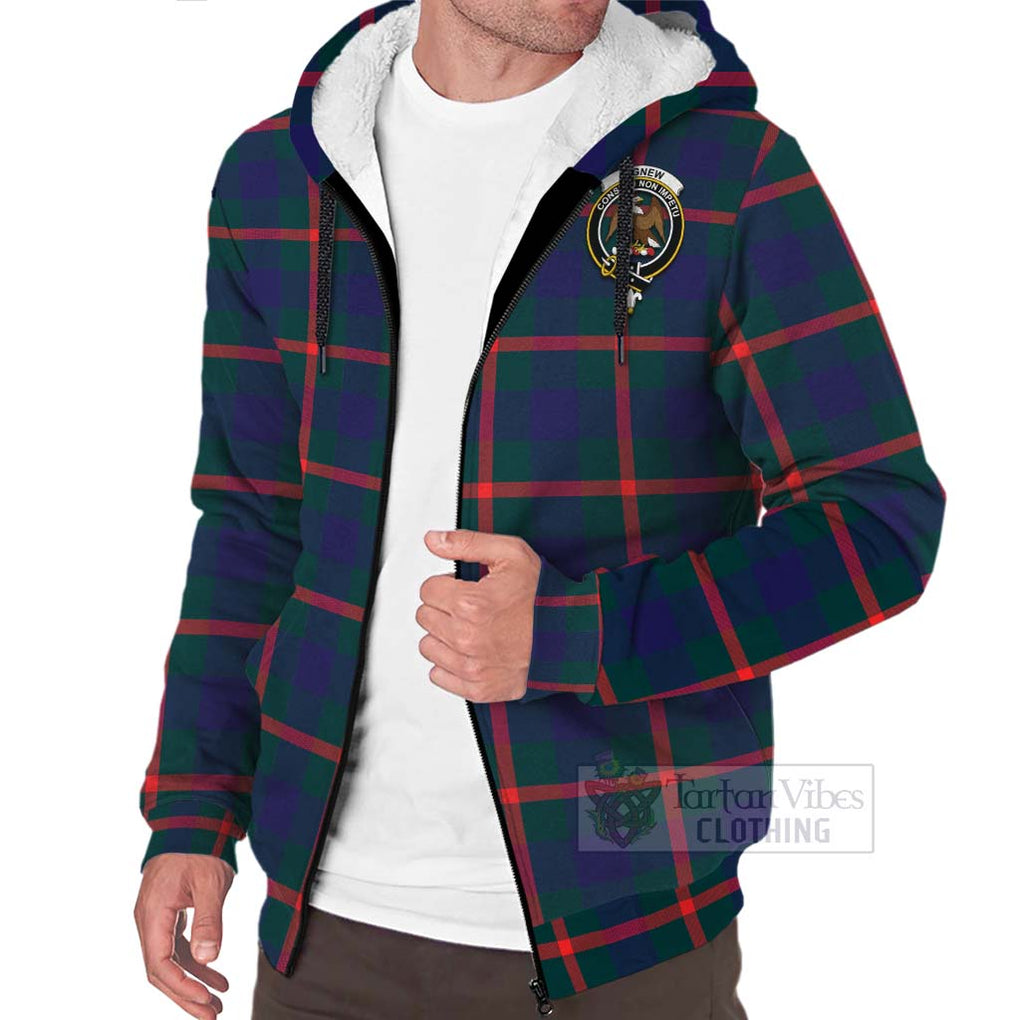 Tartan Vibes Clothing Agnew Tartan Sherpa Hoodie with Family Crest and Bearded Skull Holding Bottles of Whiskey