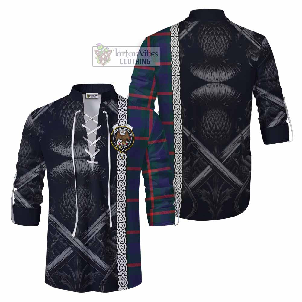 Tartan Vibes Clothing Agnew Tartan Ghillie Kilt Shirt with Family Crest Cross Sword Thistle Celtic Vibes