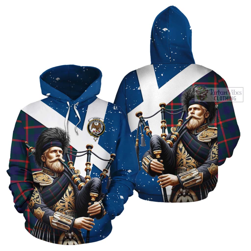 Tartan Vibes Clothing Agnew Tartan Cotton Hoodie with Family Crest Scottish Bagpiper Vibes