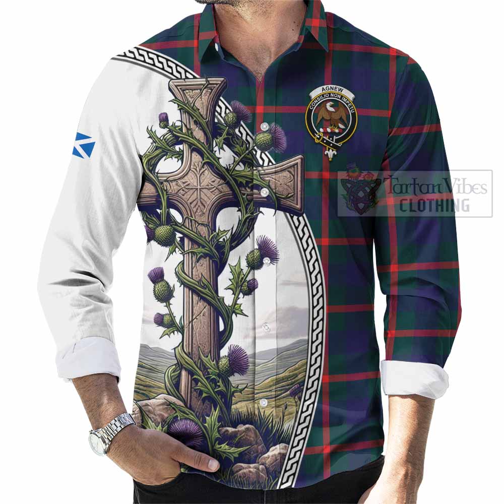 Tartan Vibes Clothing Agnew Tartan Long Sleeve Button Shirt with Family Crest and St. Andrew's Cross Accented by Thistle Vines