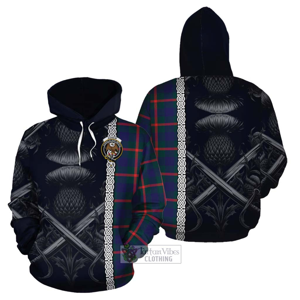 Tartan Vibes Clothing Agnew Tartan Cotton Hoodie with Family Crest Cross Sword Thistle Celtic Vibes