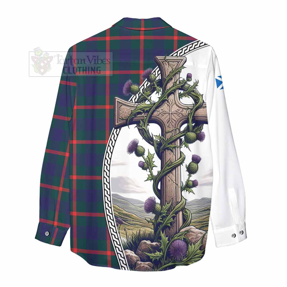 Tartan Vibes Clothing Agnew Tartan Women's Casual Shirt with Family Crest and St. Andrew's Cross Accented by Thistle Vines