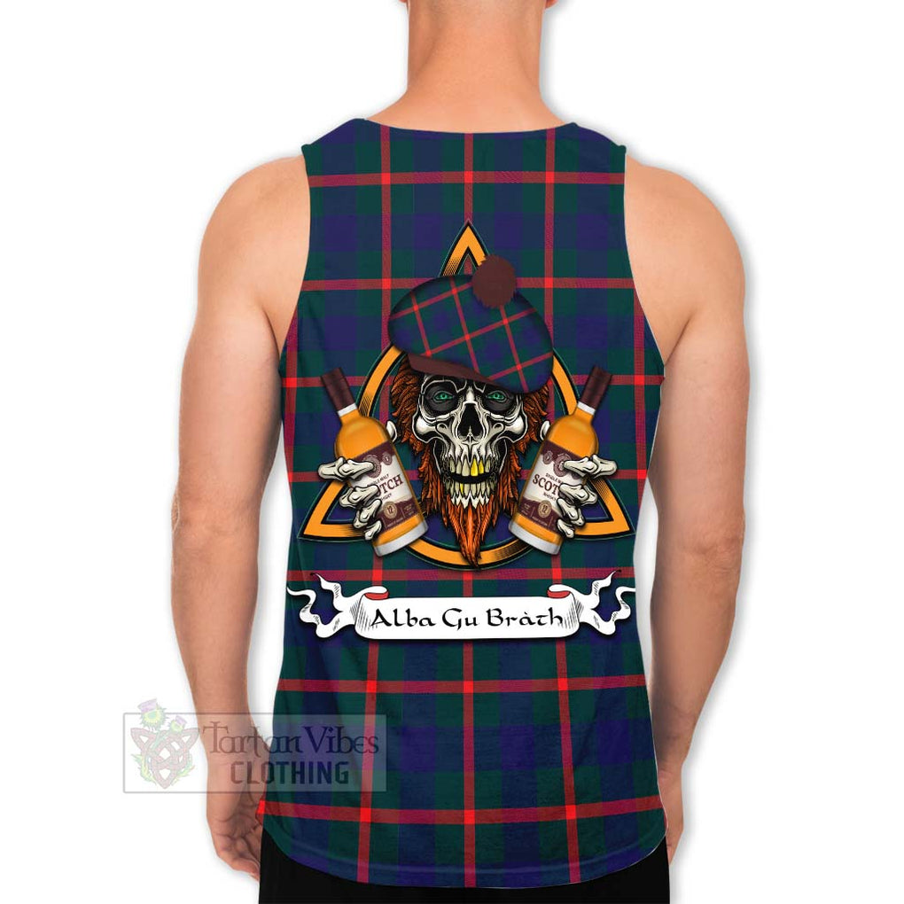 Tartan Vibes Clothing Agnew Tartan Men's Tank Top with Family Crest and Bearded Skull Holding Bottles of Whiskey