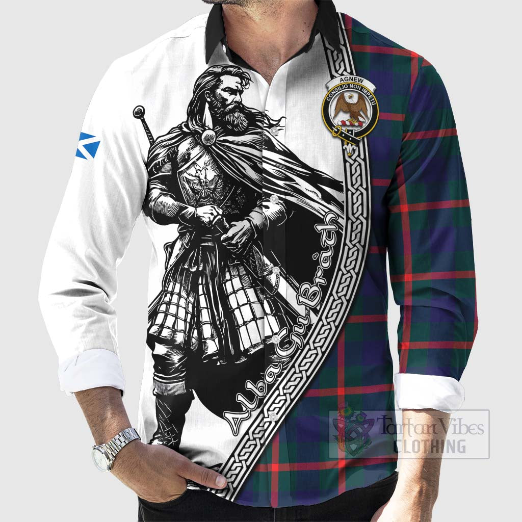 Tartan Vibes Clothing Agnew Tartan Clan Crest Long Sleeve Button Shirt with Highlander Warrior Celtic Style