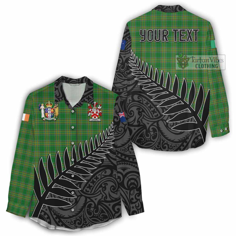 Tartan Vibes Clothing Agnew Irish Clan Tartan Women's Casual Shirt with Coat of Arms New Zealand Silver Fern Half Style