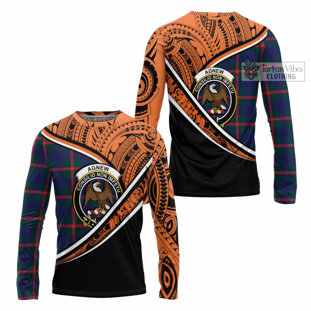 Tartan Vibes Clothing Agnew Crest Tartan Long Sleeve T-Shirt with Maori Tattoo Style - Orange Version