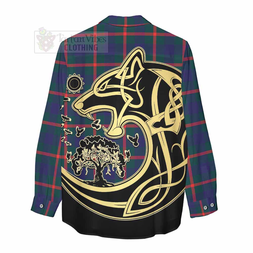 Tartan Vibes Clothing Agnew Tartan Women's Casual Shirt with Family Crest Celtic Wolf Style