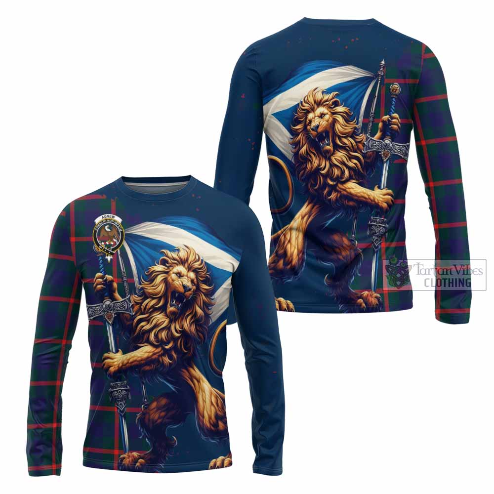 Tartan Vibes Clothing Agnew Tartan Family Crest Long Sleeve T-Shirt with Scottish Majestic Lion