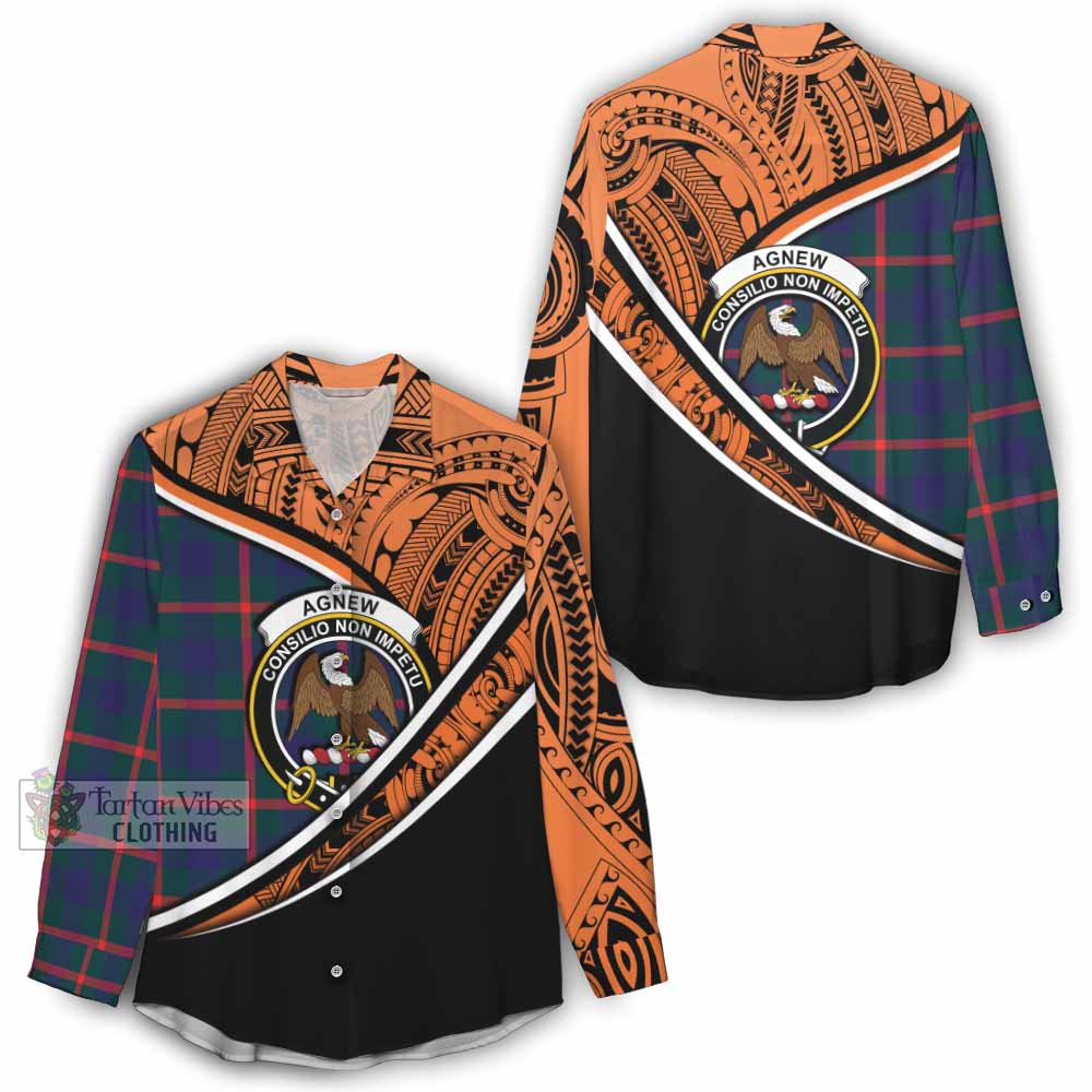 Tartan Vibes Clothing Agnew Crest Tartan Women's Casual Shirt with Maori Tattoo Style - Orange Version