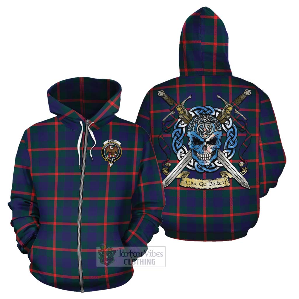 Tartan Vibes Clothing Agnew Tartan Cotton Hoodie with Family Crest Celtic Skull Style