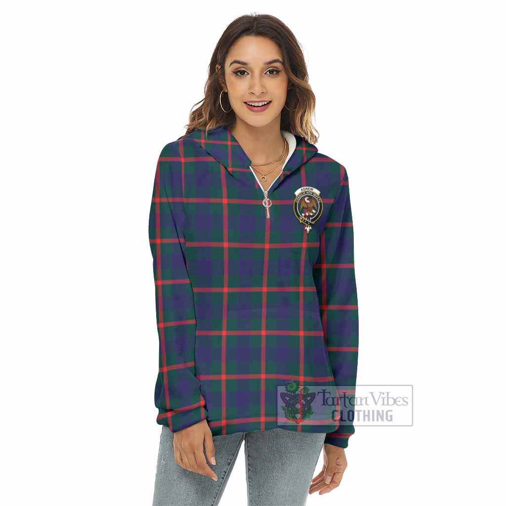 Agnew Tartan Women's Borg Fleece Hoodie with Half Zip with Family Crest - Tartan Vibes Clothing
