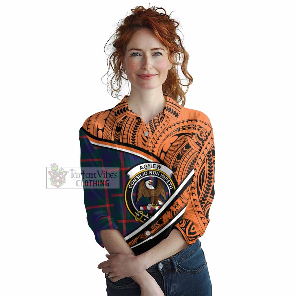 Tartan Vibes Clothing Agnew Crest Tartan Women's Casual Shirt with Maori Tattoo Style - Orange Version