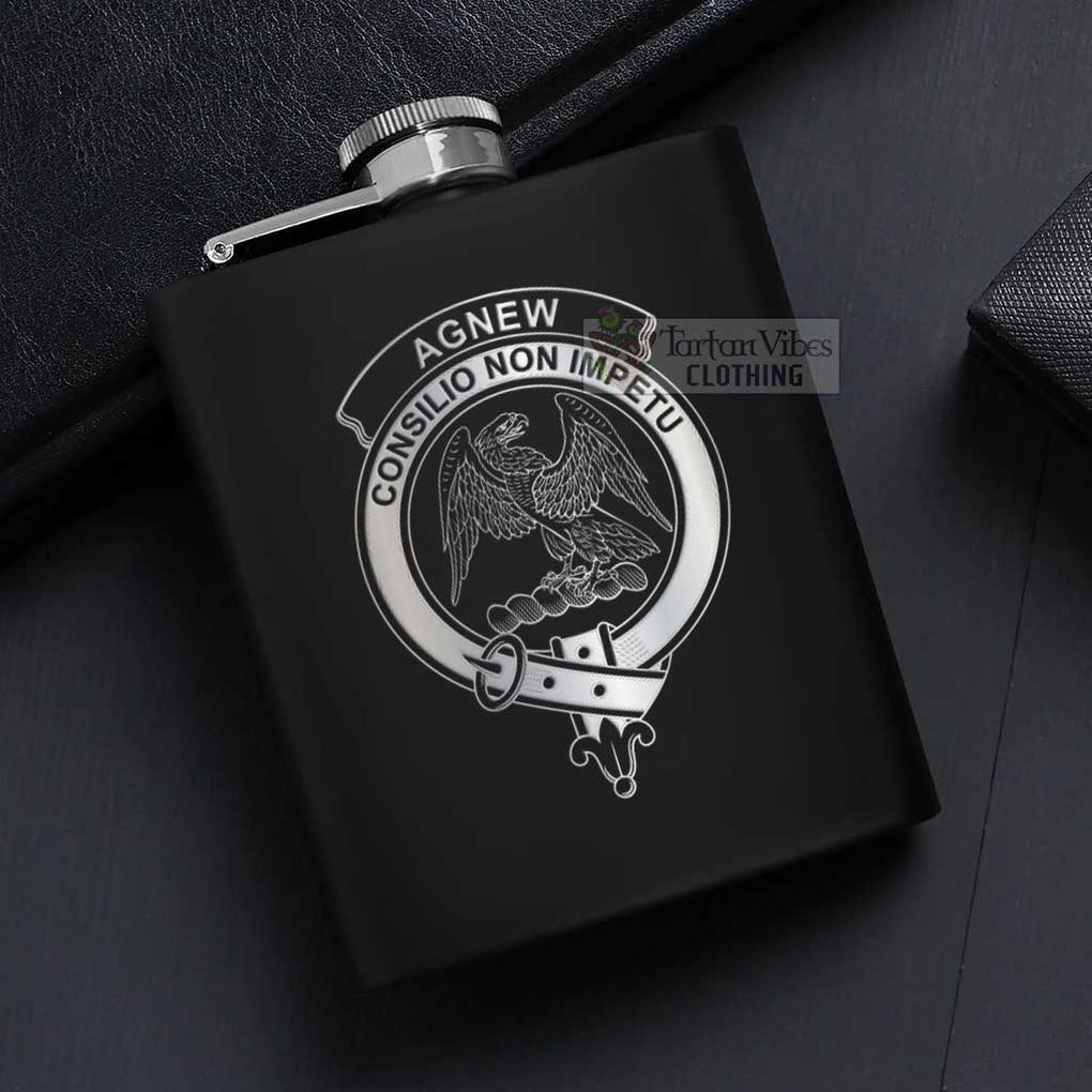 Tartan Vibes Clothing Agnew Crest Hip Flask Set 7oz Black Stainless Steel with A Gift Box