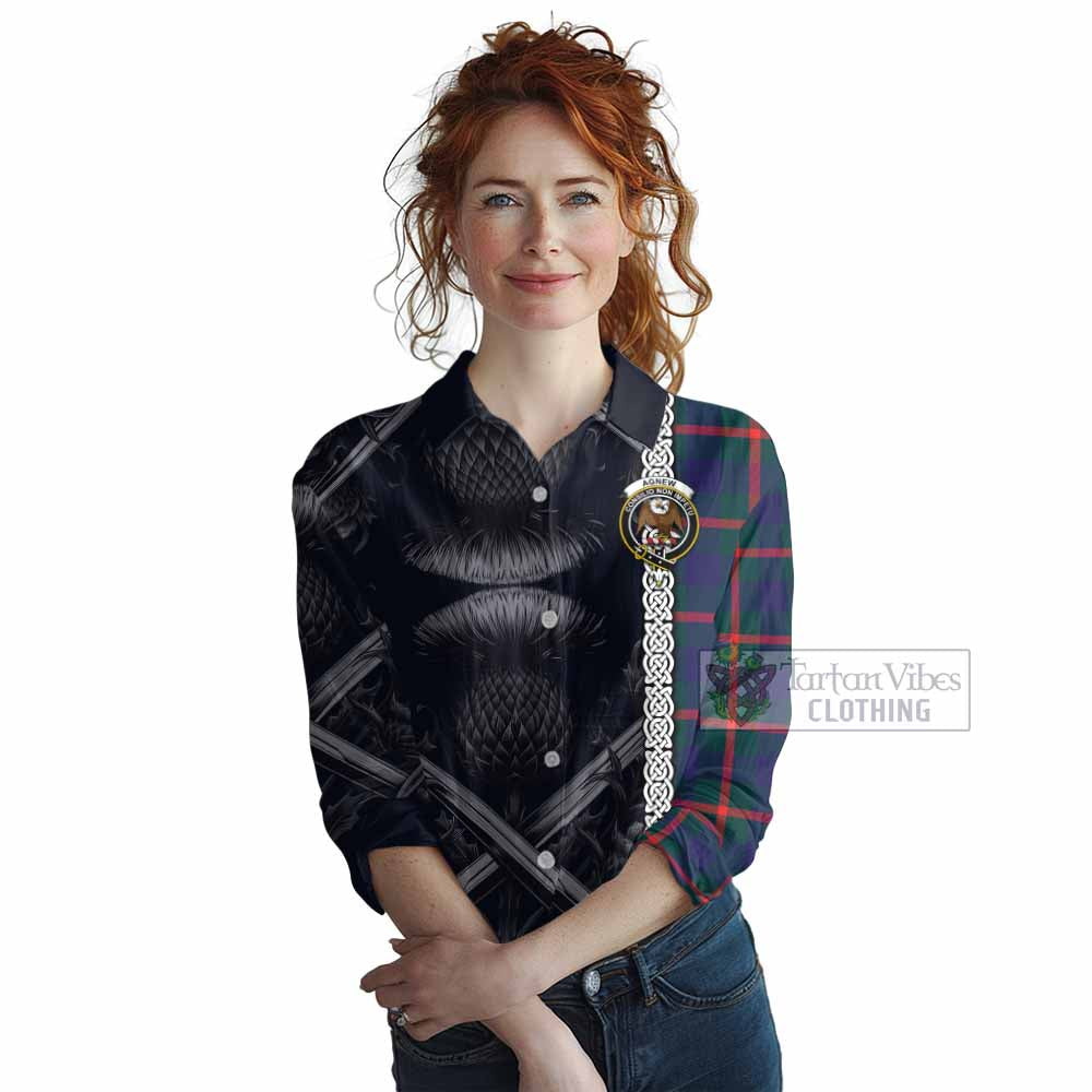 Tartan Vibes Clothing Agnew Tartan Women's Casual Shirt with Family Crest Cross Sword Thistle Celtic Vibes