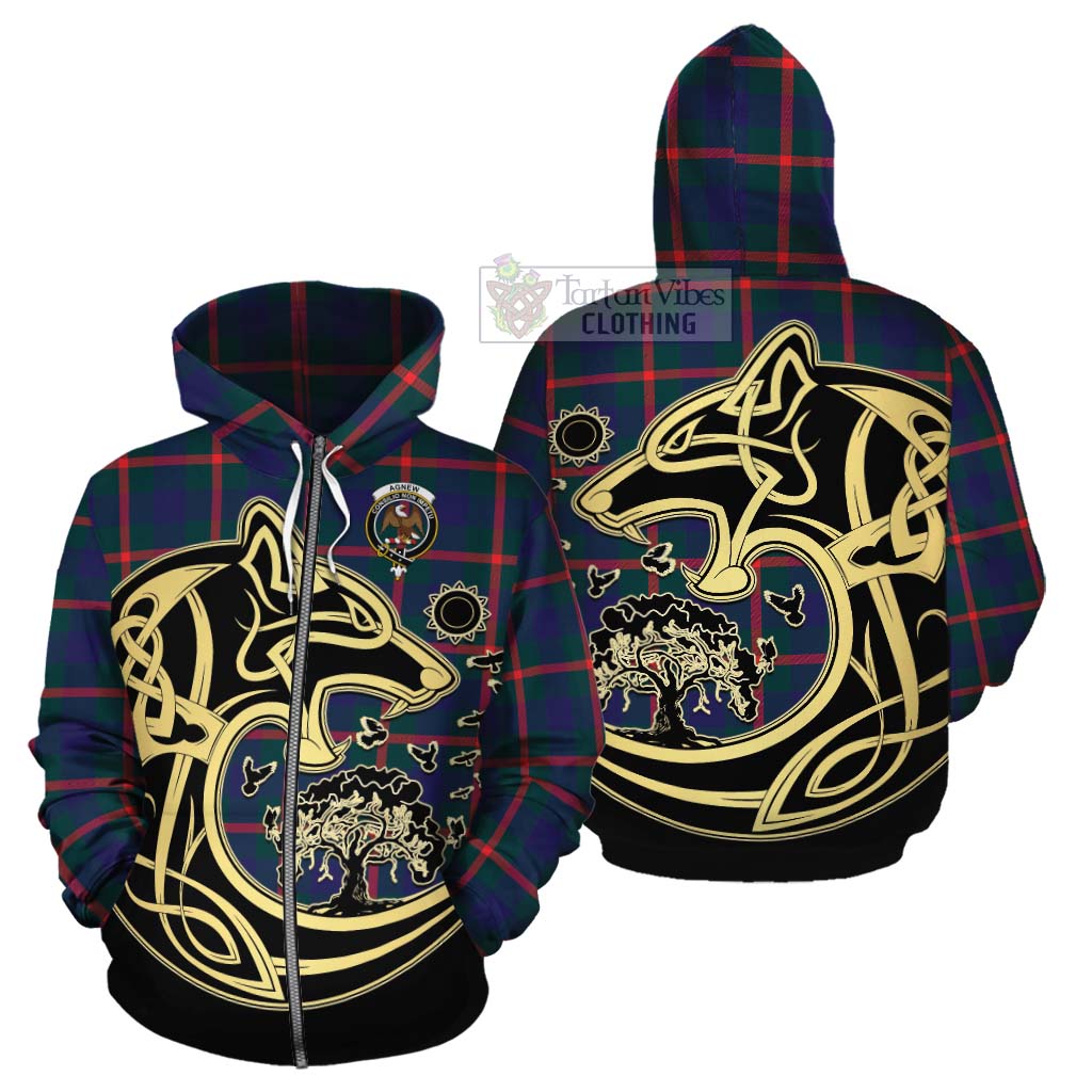 Tartan Vibes Clothing Agnew Tartan Cotton Hoodie with Family Crest Celtic Wolf Style