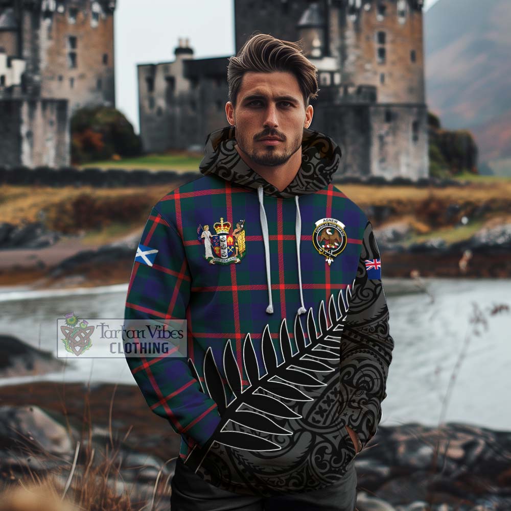 Tartan Vibes Clothing Agnew Crest Tartan Cotton Hoodie with New Zealand Silver Fern Half Style