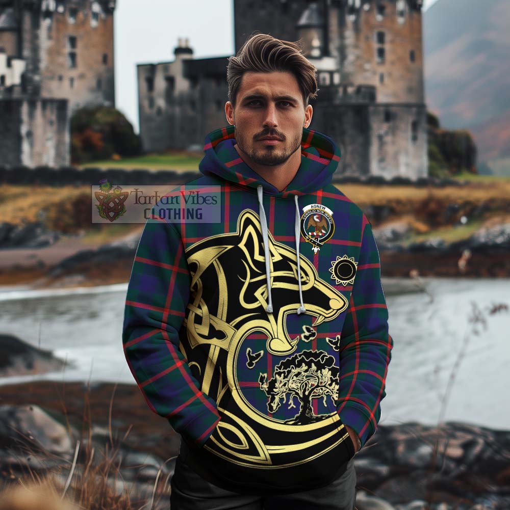 Tartan Vibes Clothing Agnew Tartan Cotton Hoodie with Family Crest Celtic Wolf Style