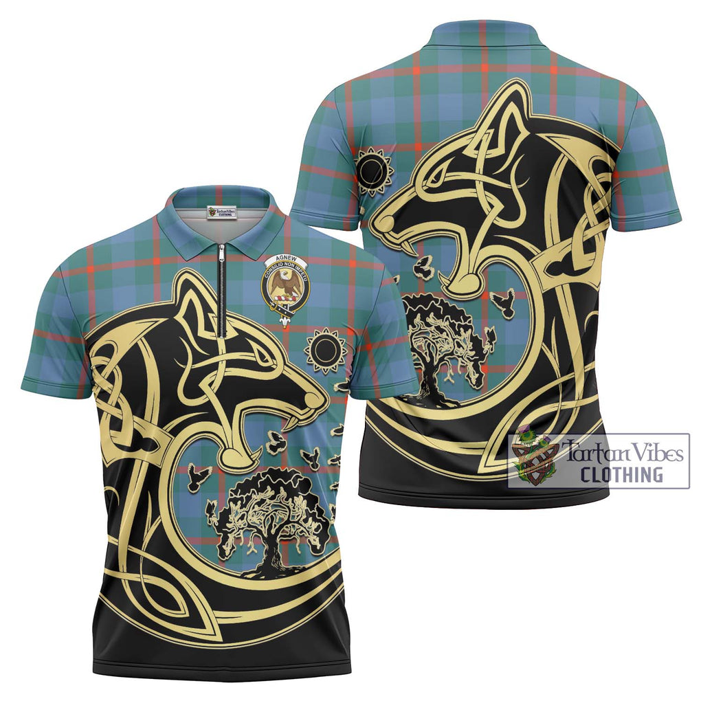 Agnew Ancient Tartan Zipper Polo Shirt with Family Crest Celtic Wolf Style Unisex - Tartanvibesclothing Shop