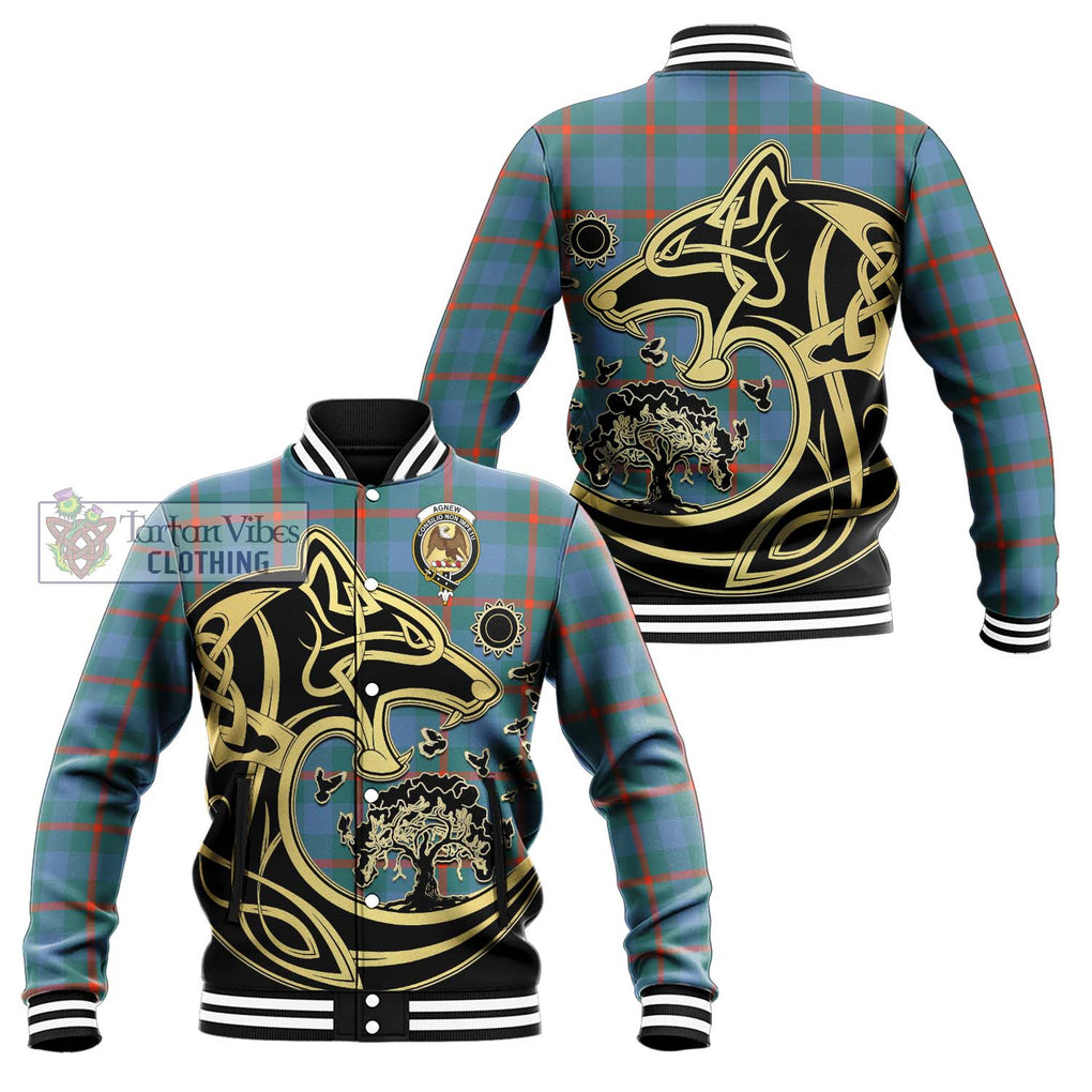 Agnew Ancient Tartan Baseball Jacket with Family Crest Celtic Wolf Style Unisex - Tartan Vibes Clothing