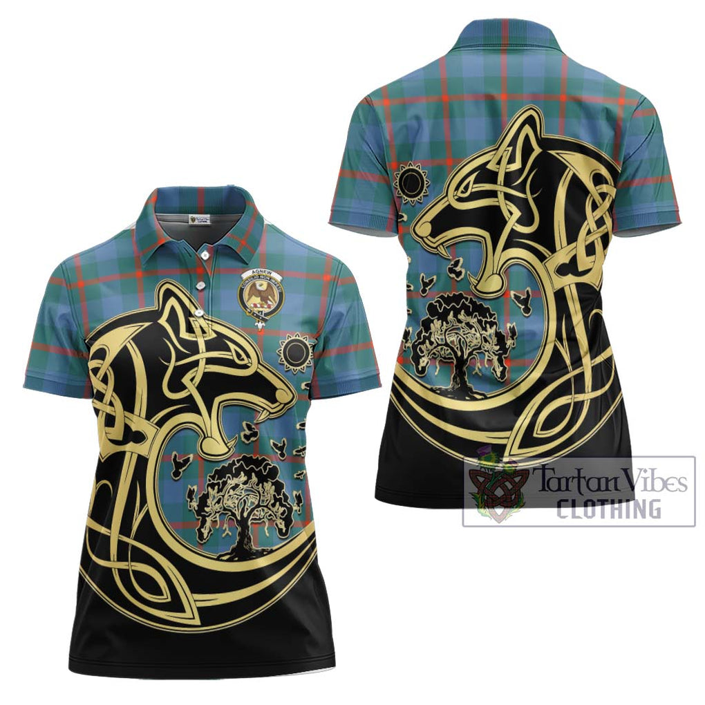 Agnew Ancient Tartan Women's Polo Shirt with Family Crest Celtic Wolf Style Women - Tartanvibesclothing Shop