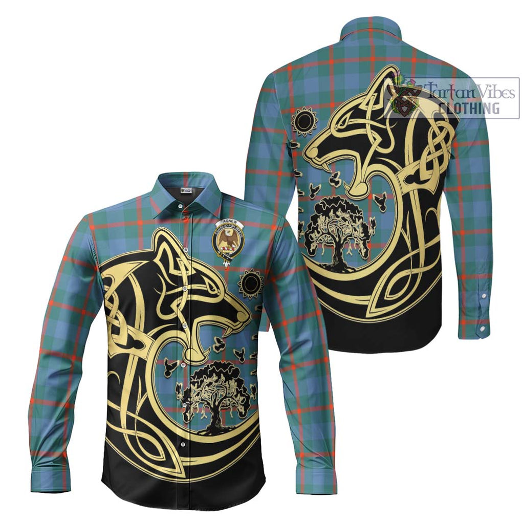 Agnew Ancient Tartan Long Sleeve Button Shirt with Family Crest Celtic Wolf Style Men's Shirt S - Tartan Vibes Clothing