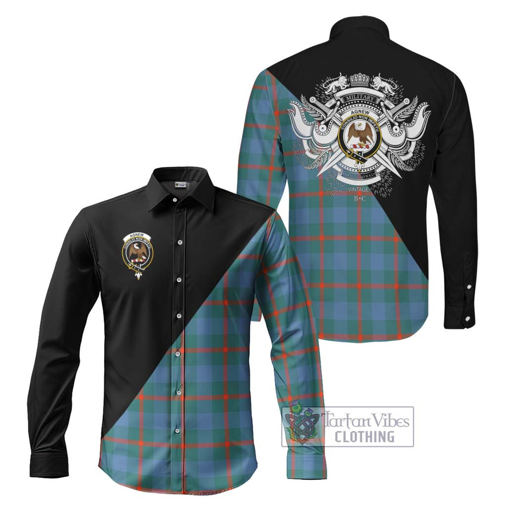 Agnew Ancient Tartan Long Sleeve Button Shirt with Family Crest and Military Logo Style Men's Shirt S - Tartanvibesclothing Shop