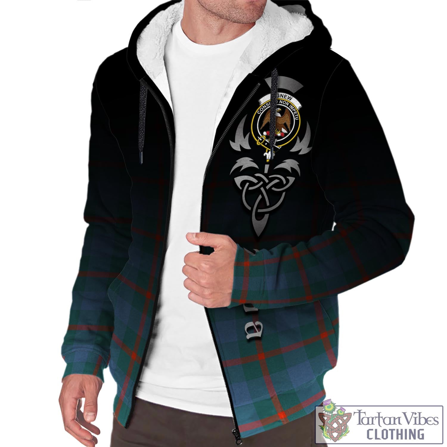 Tartan Vibes Clothing Agnew Ancient Tartan Sherpa Hoodie Featuring Alba Gu Brath Family Crest Celtic Inspired