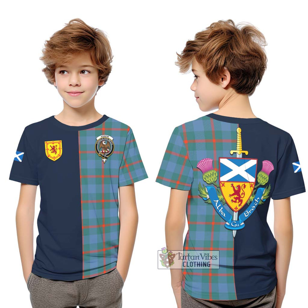 Tartan Vibes Clothing Agnew Ancient Tartan Kid T-Shirt with Scottish Lion Royal Arm Half Style