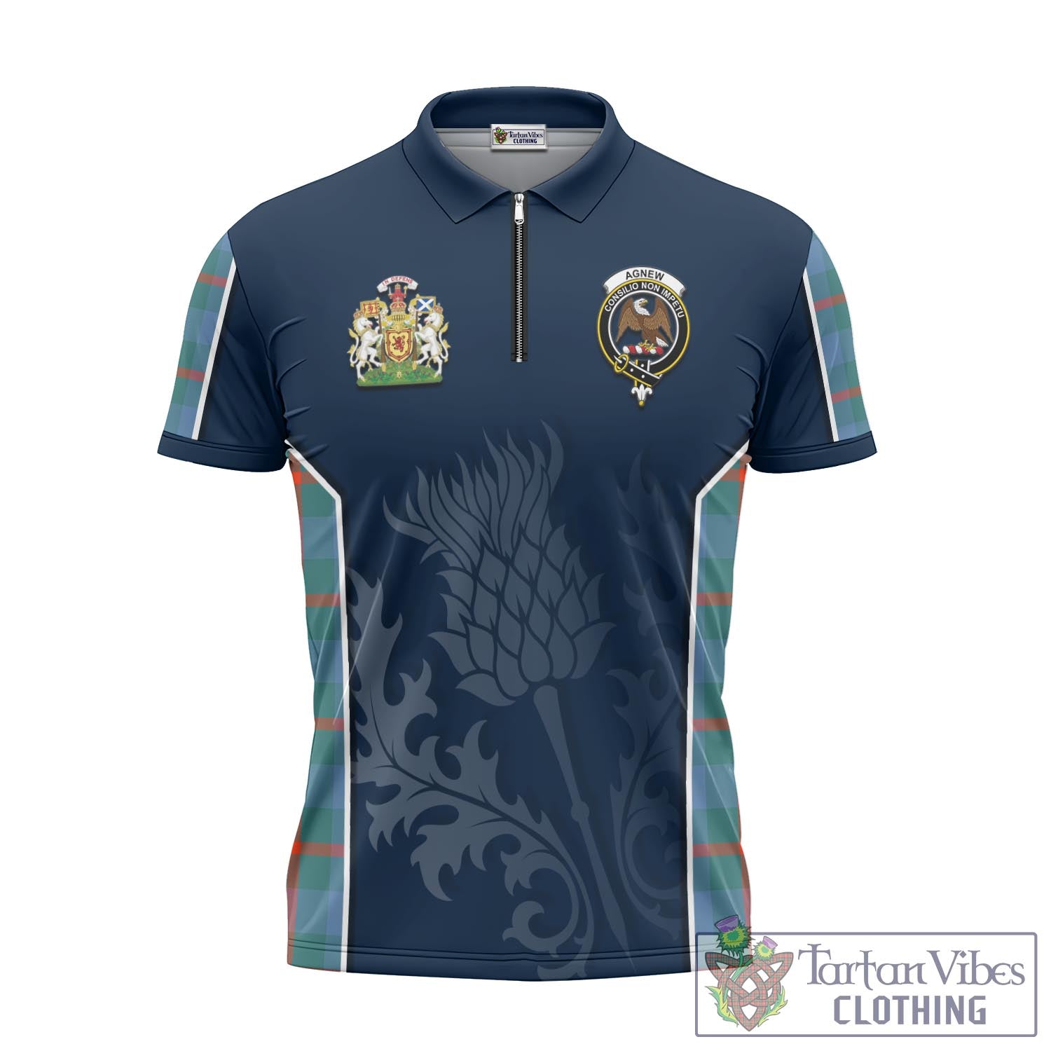 Tartan Vibes Clothing Agnew Ancient Tartan Zipper Polo Shirt with Family Crest and Scottish Thistle Vibes Sport Style