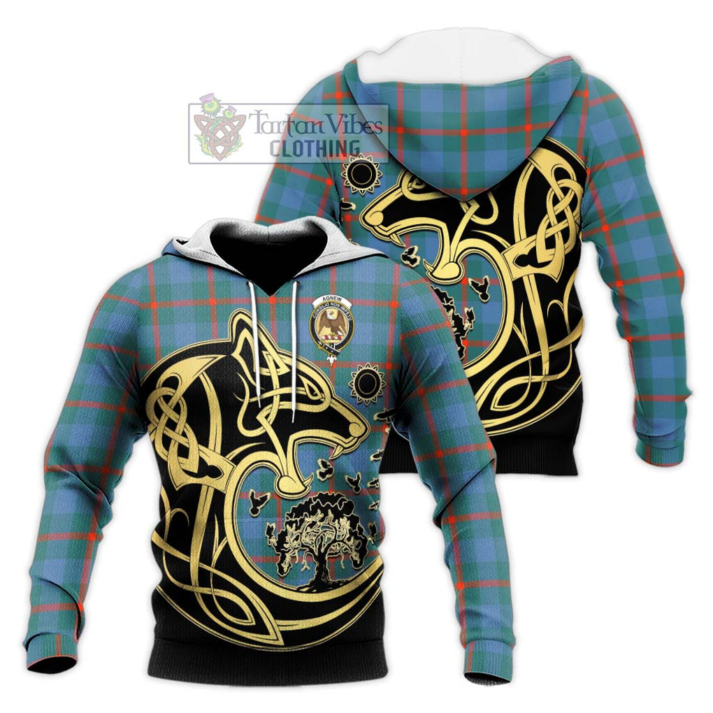 Agnew Ancient Tartan Knitted Hoodie with Family Crest Celtic Wolf Style Unisex Knitted Pullover Hoodie - Tartan Vibes Clothing