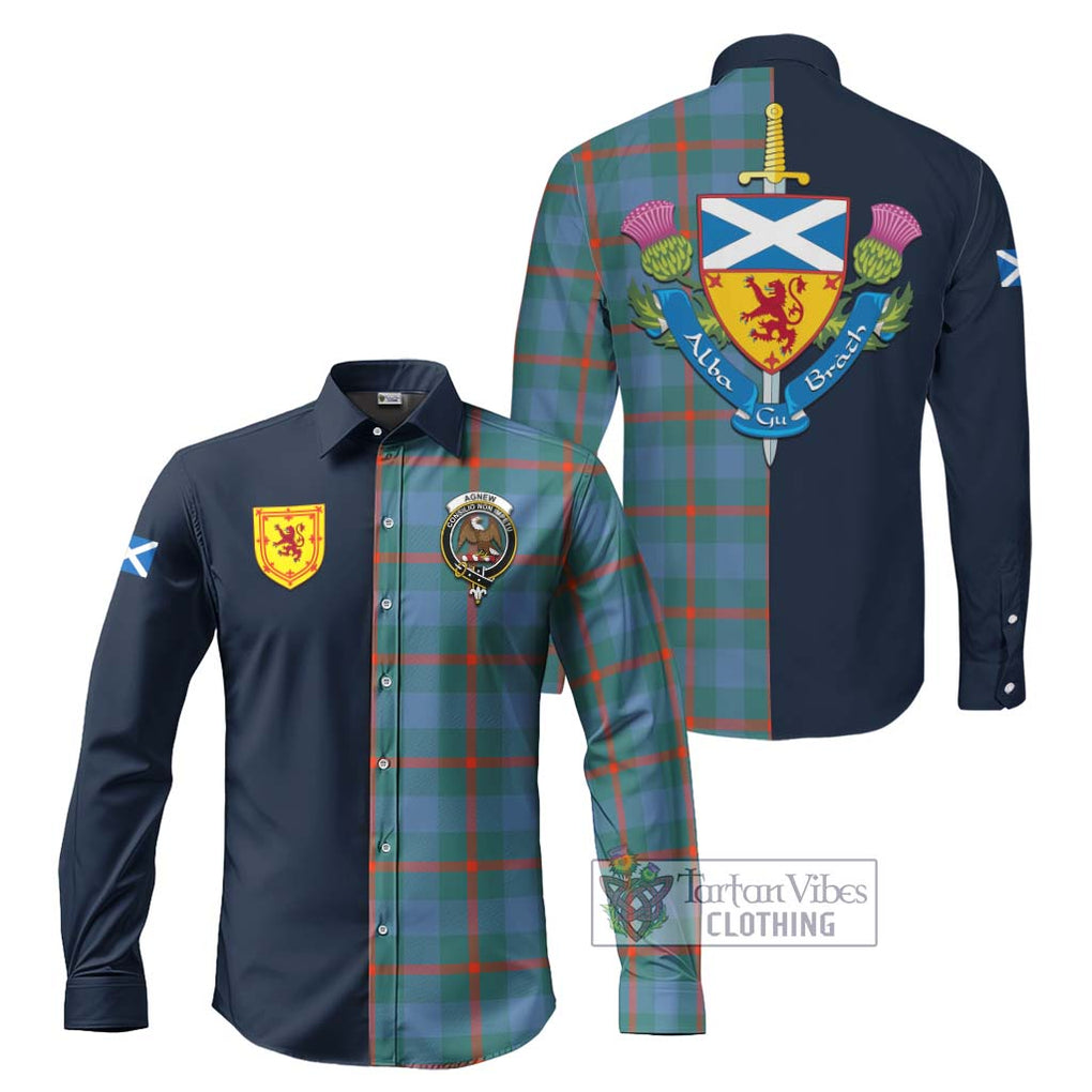 Tartan Vibes Clothing Agnew Ancient Tartan Long Sleeve Button Shirt with Scottish Lion Royal Arm Half Style