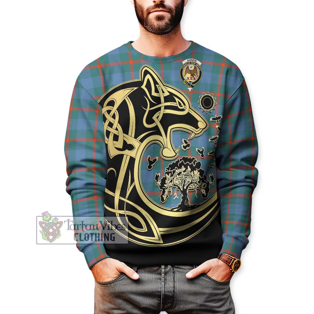 Agnew Ancient Tartan Sweatshirt with Family Crest Celtic Wolf Style Unisex - Tartan Vibes Clothing