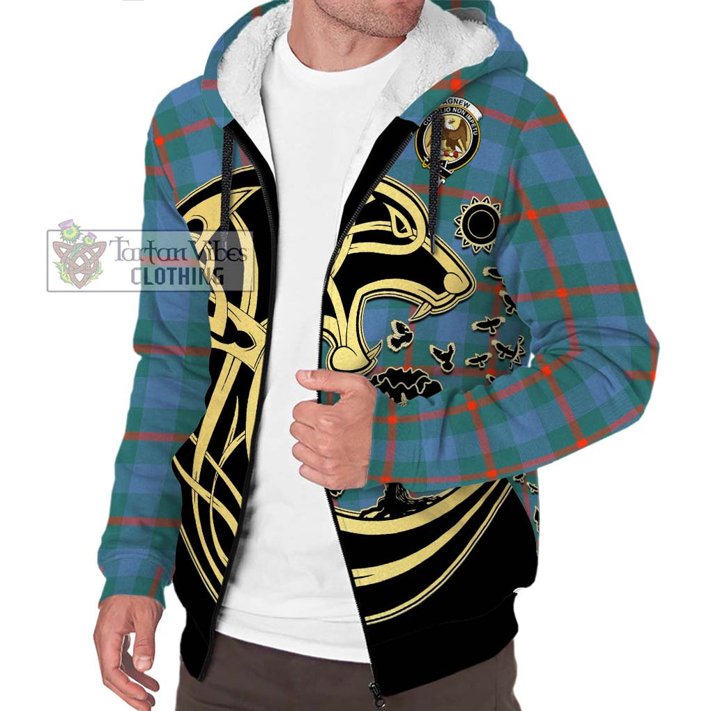 Agnew Ancient Tartan Sherpa Hoodie with Family Crest Celtic Wolf Style Unisex S - Tartan Vibes Clothing