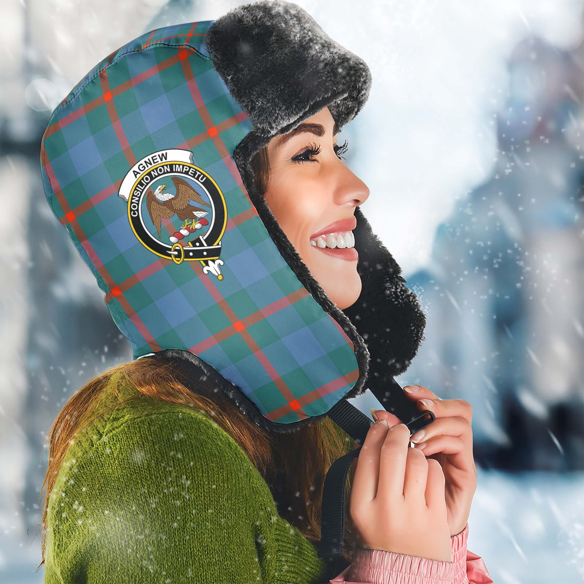 Agnew Ancient Tartan Winter Trapper Hat with Family Crest Winter Trapper Hat Universal Fit Circumference 22.8in (58cm) - Tartanvibesclothing