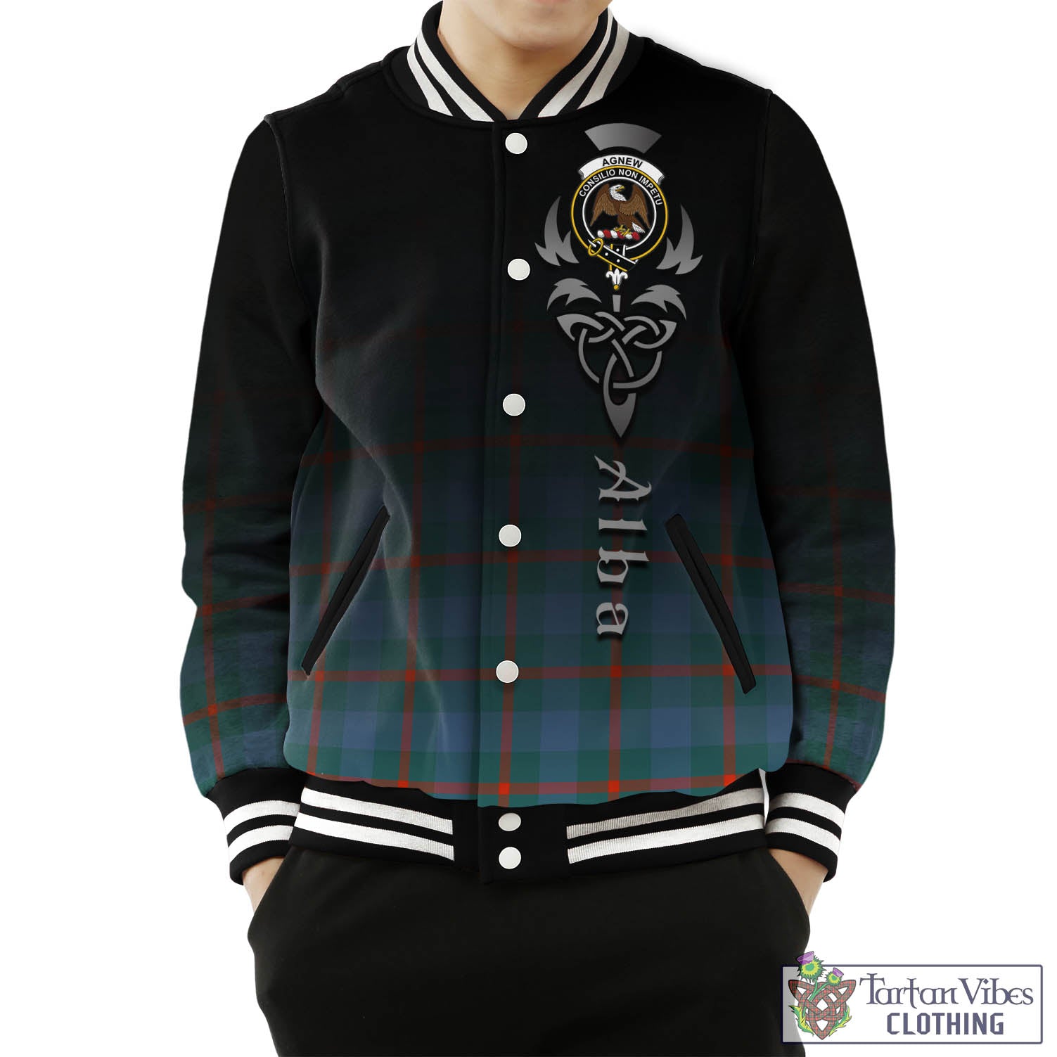 Tartan Vibes Clothing Agnew Ancient Tartan Baseball Jacket Featuring Alba Gu Brath Family Crest Celtic Inspired