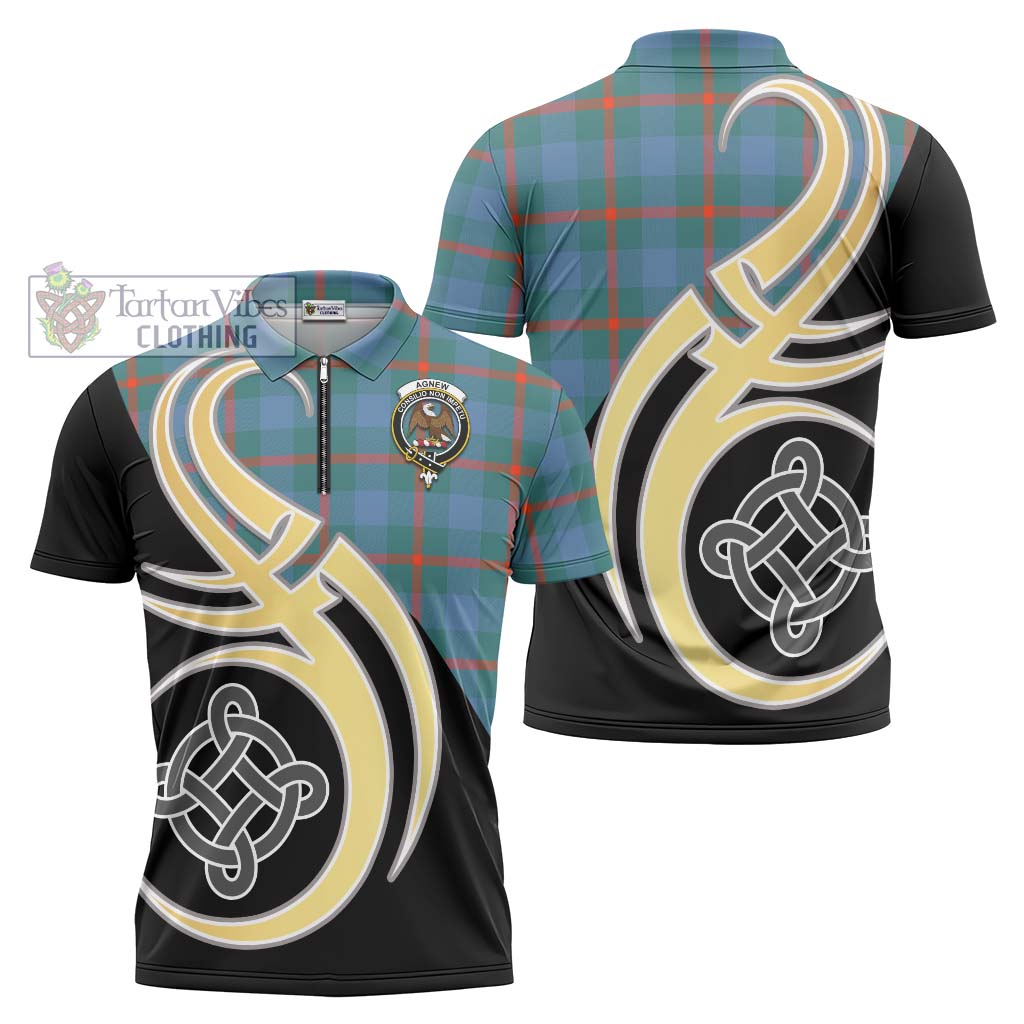 Tartan Vibes Clothing Agnew Ancient Tartan Zipper Polo Shirt with Family Crest and Celtic Symbol Style