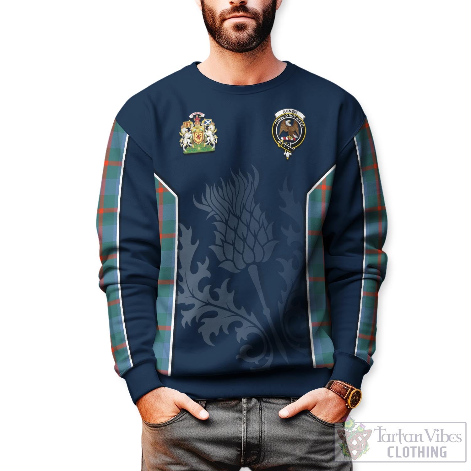 Tartan Vibes Clothing Agnew Ancient Tartan Sweatshirt with Family Crest and Scottish Thistle Vibes Sport Style