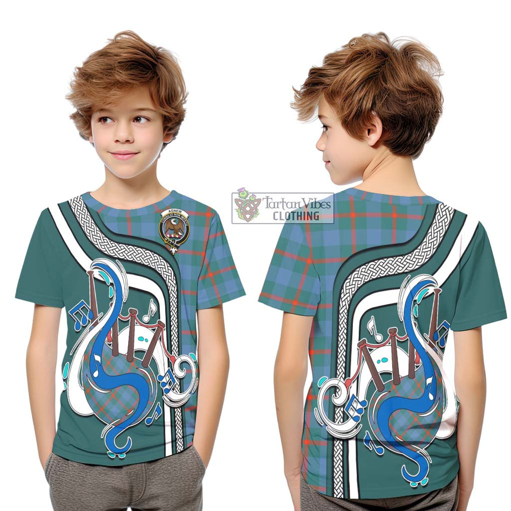 Tartan Vibes Clothing Agnew Ancient Tartan Kid T-Shirt with Epic Bagpipe Style