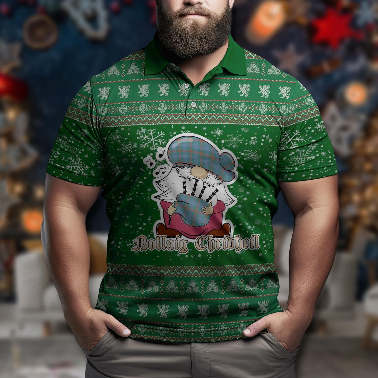 Agnew Ancient Clan Christmas Family Polo Shirt with Funny Gnome Playing Bagpipes Men's Polo Shirt Green - Tartanvibesclothing